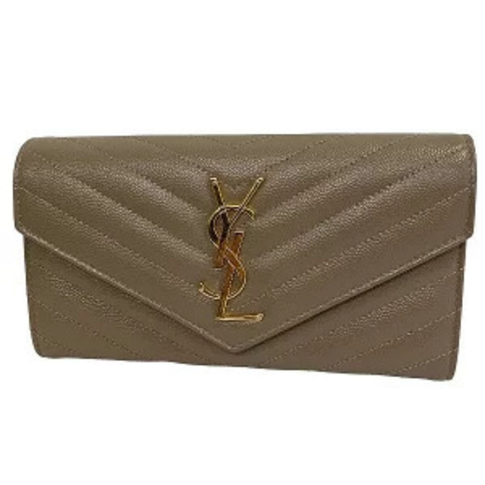 Saint Laurent Yves Dark Beige Cream Leather Bi fold Long Wallet